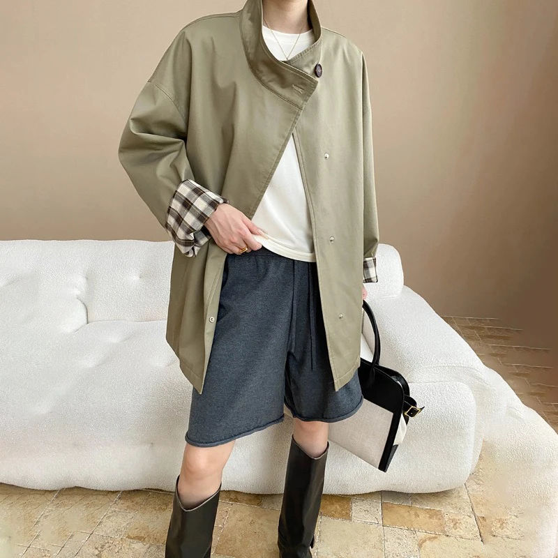 

FANAN Asymmetry Button Design Trench For Women Single Button Long Sleeve Office Lady Temperament Windbreaker 2025 Autumn New