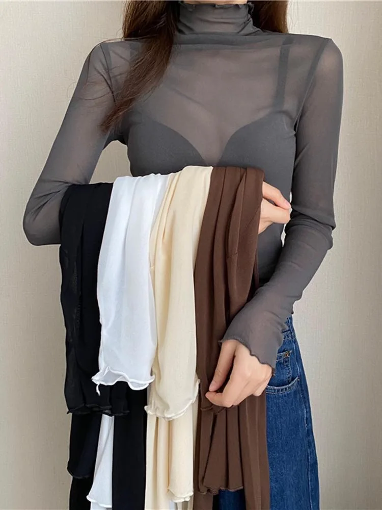Sexy Women T Shirt See Through Transparent Mesh Tops Long Sleeve Sheer Slim Ladies Solid Turtleneck Silk T-Shirt Lace Crop Top