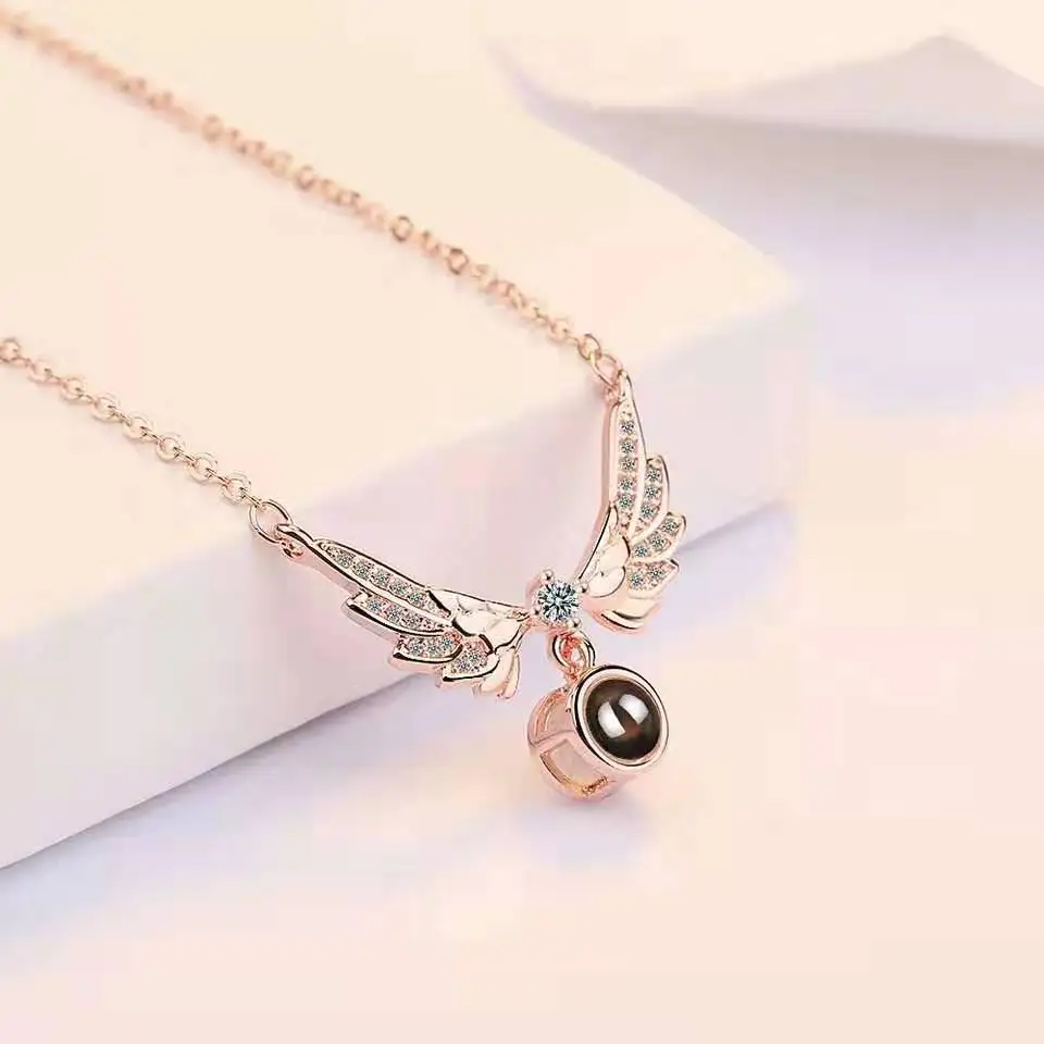 Angel Wings Necklace With Rose Gift Box 100 Languages I Love You Projection Pendant Jewelry 2023 Romantic Accessories Wholesale