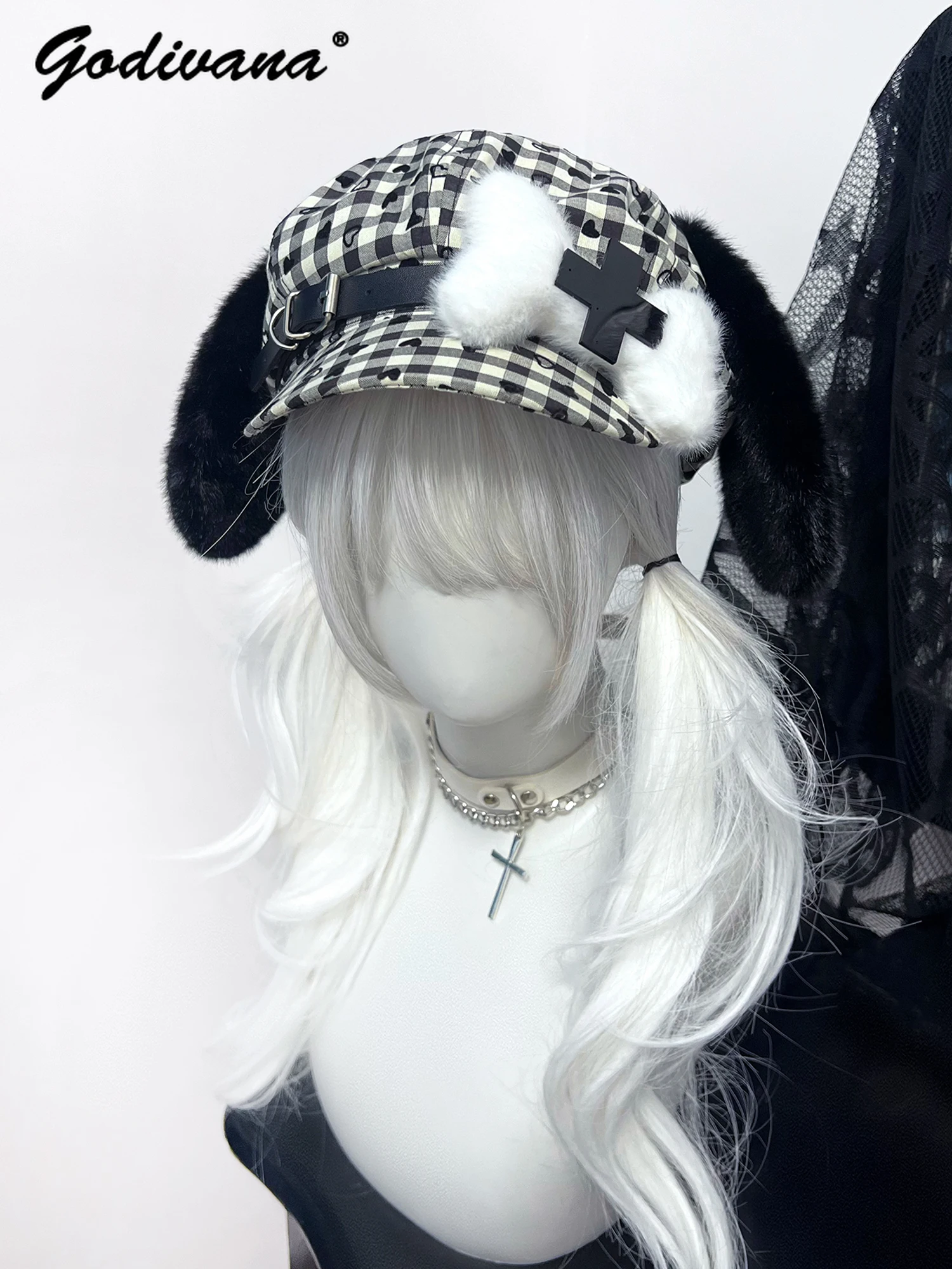 Original Subculture Puppy Bone Hat Cute Y2K Girls Plaid Beret Autumn and Winter Women's Lolita Handmade Hats