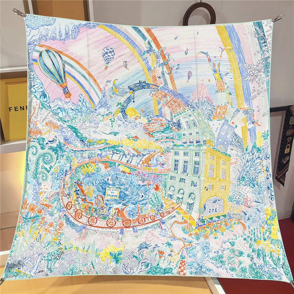 جديد 90 سنتيمتر العلامة التجارية الفاخرة ساحة وشاح المرأة حك الأوشحة الحريرية يلتف شاطئ شال الحجاب كبير باندانا Foulards منديل أغطية الرأس