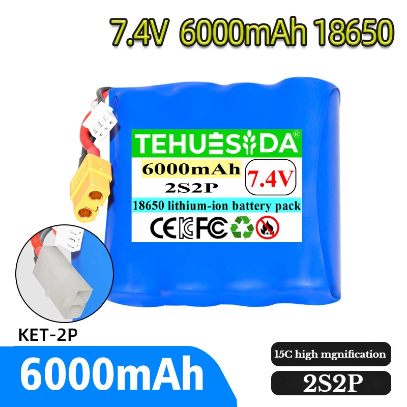 7.4V 6000mAh 18650 Lithium Ion Battery Pack 15C High Discharge Suitable for Remote Control Speed Boat