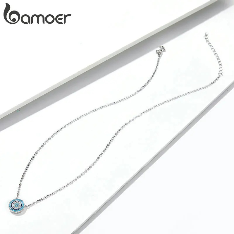 BAMOER Authentic 925 Sterling Silver Blue Evil Eyes Necklace Women Lucky Pendant Necklaces Fashion Jewelry SCN099