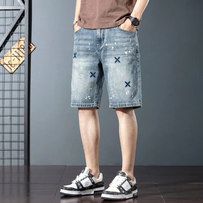 Mens Splash Ink  Embroidery Washed Loose Knee Length Denim Bermuda Shorts