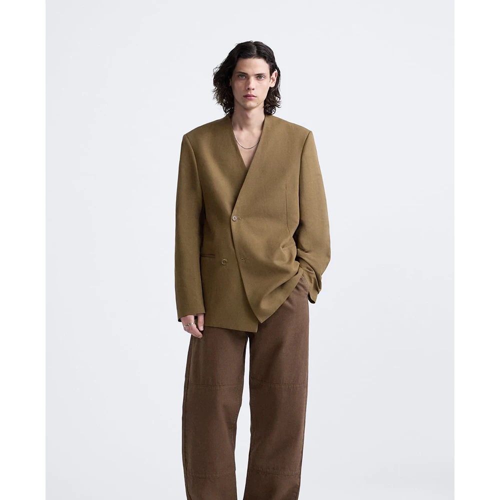 

Collarless Earthy ToneMen's Oversized Suits 2 Piece Jacket Pants Sets Single-Breasted Effortless Chic Party Male Clothing