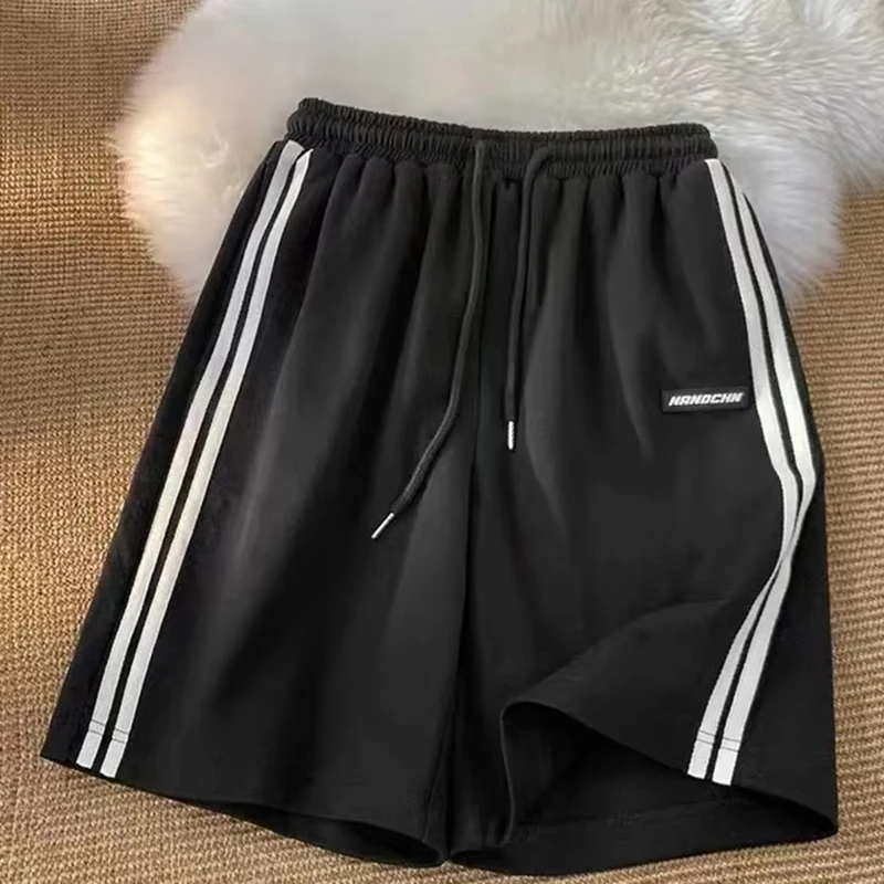 Striped Shorts Women Summer Streetwear Loose Wide Leg Shorts Y2K Korean Oversized Casual Elastic High Waist Sports Shorts Bf