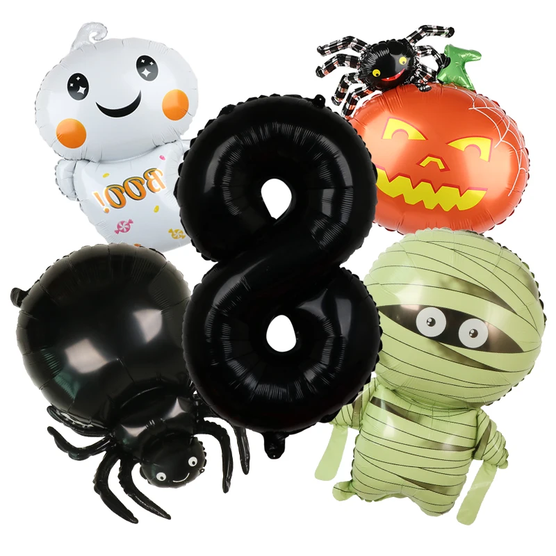 5PCS Halloween BOO Mummy Spider Pumpkin Balloon Set With 32inch Black Number Boys Birthday Party Baby Shower Helium Balloon