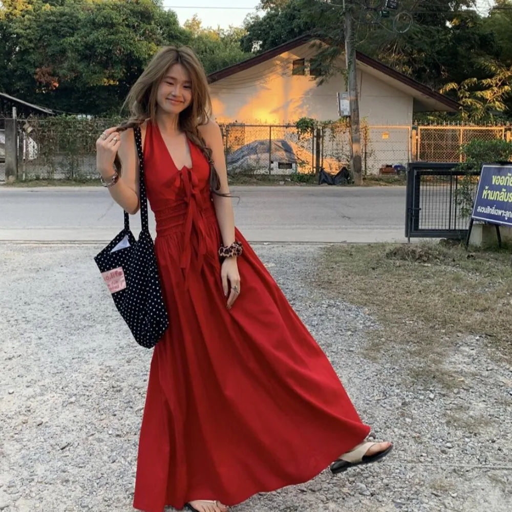 Czerwona Długa Spódnica z Wysokim Stanem Trapezowa Letnia Odzież Plażowa Damska Moda Dr Wysoki Stan Dekolt V Wyszczuplająca Spódnica Midi