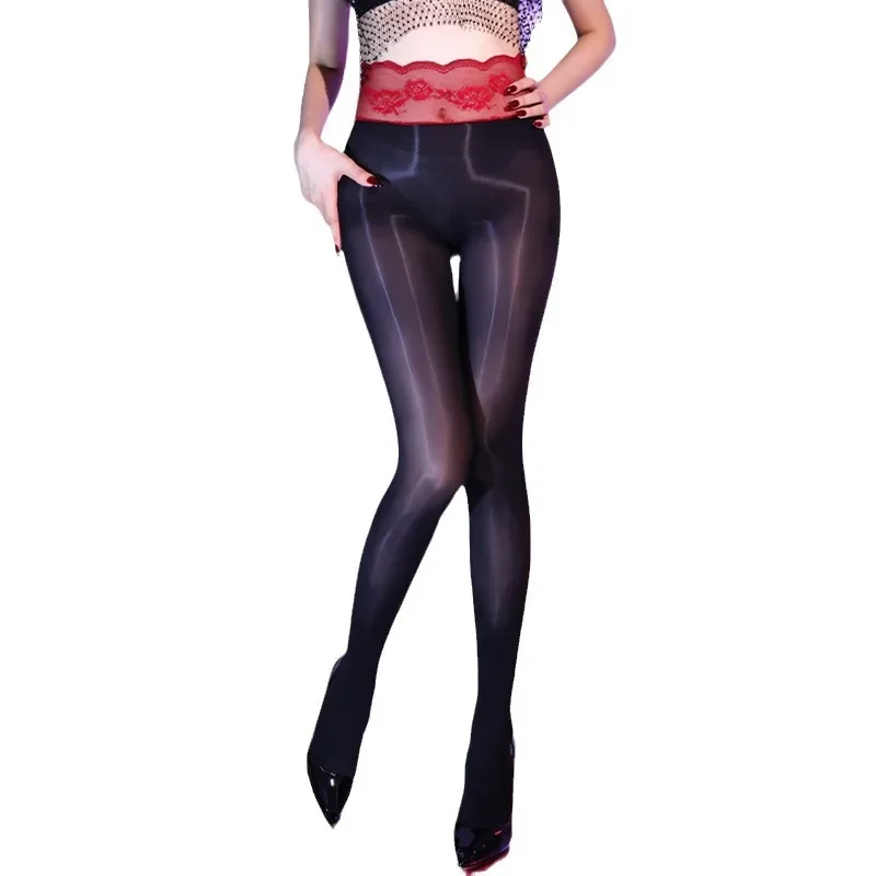 Women‘s 5D Tights Lace Splice High Waist Seamless Oil Shiny Glossy Pantyhose Sexy Thin Elastic Open Crotch Transparent Sockings