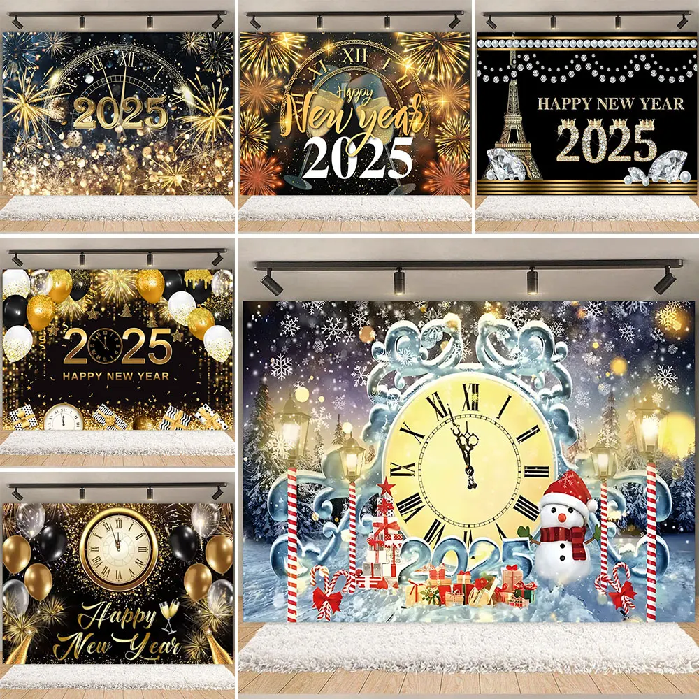 2025 Happy New Year Theme Party Background Fireworks Clock Golden Balloon Family Party Celebrate Poster Banner Decor Photo Props