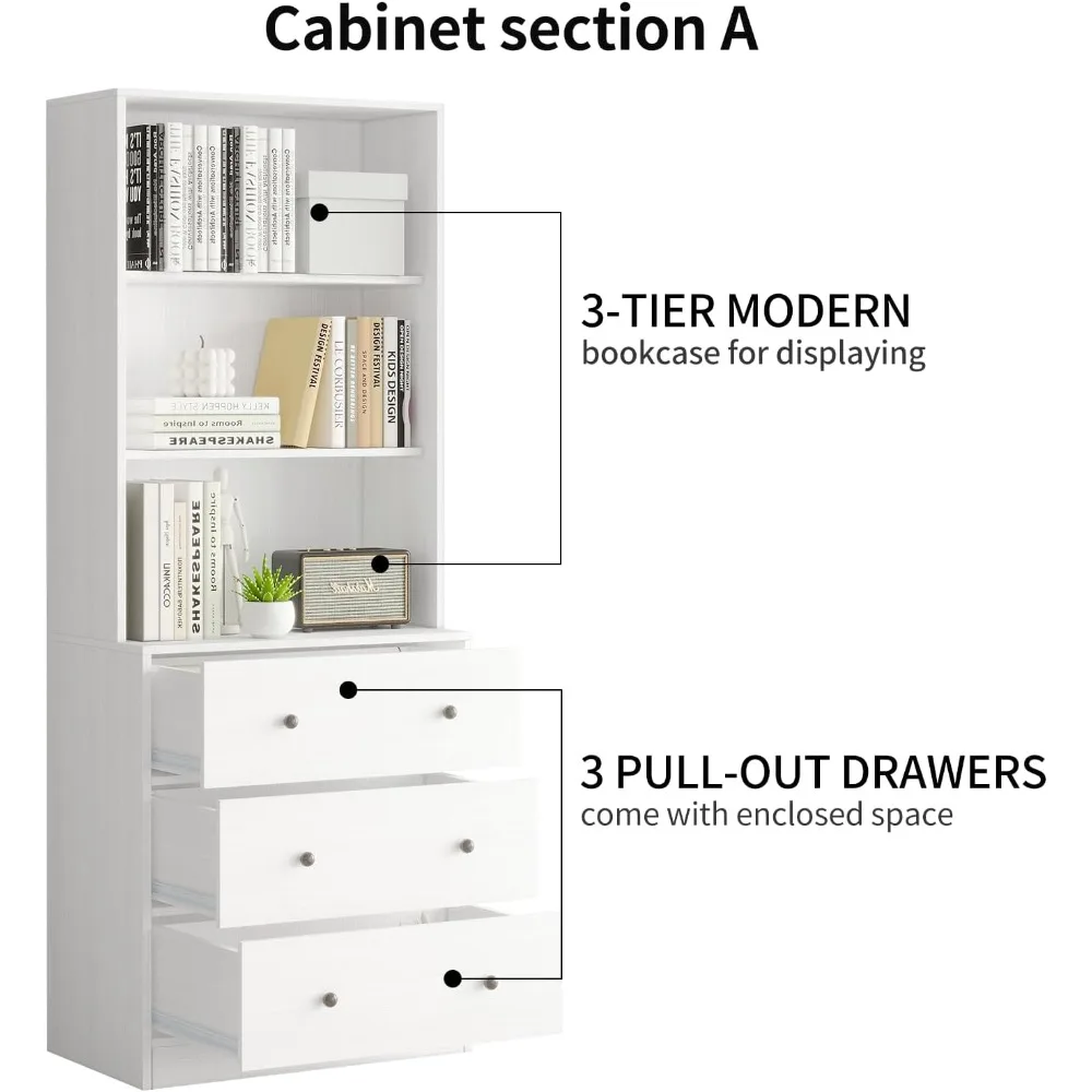 رف كتب حديث من 3 طبقات مع أدراج كبيرة، وخزانة ملفات خشبية، وتخزين مفتوح وخزانة كتب بباب زجاجي