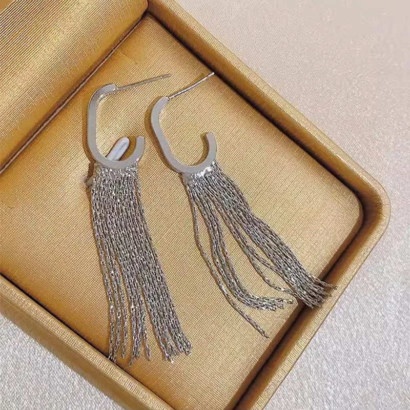 Fashion Statement Silver Color Long Metal Chain Bling Tassel Earrings for Women Wedding Ms Hot Jewelry Pendant Gifts Wholesale