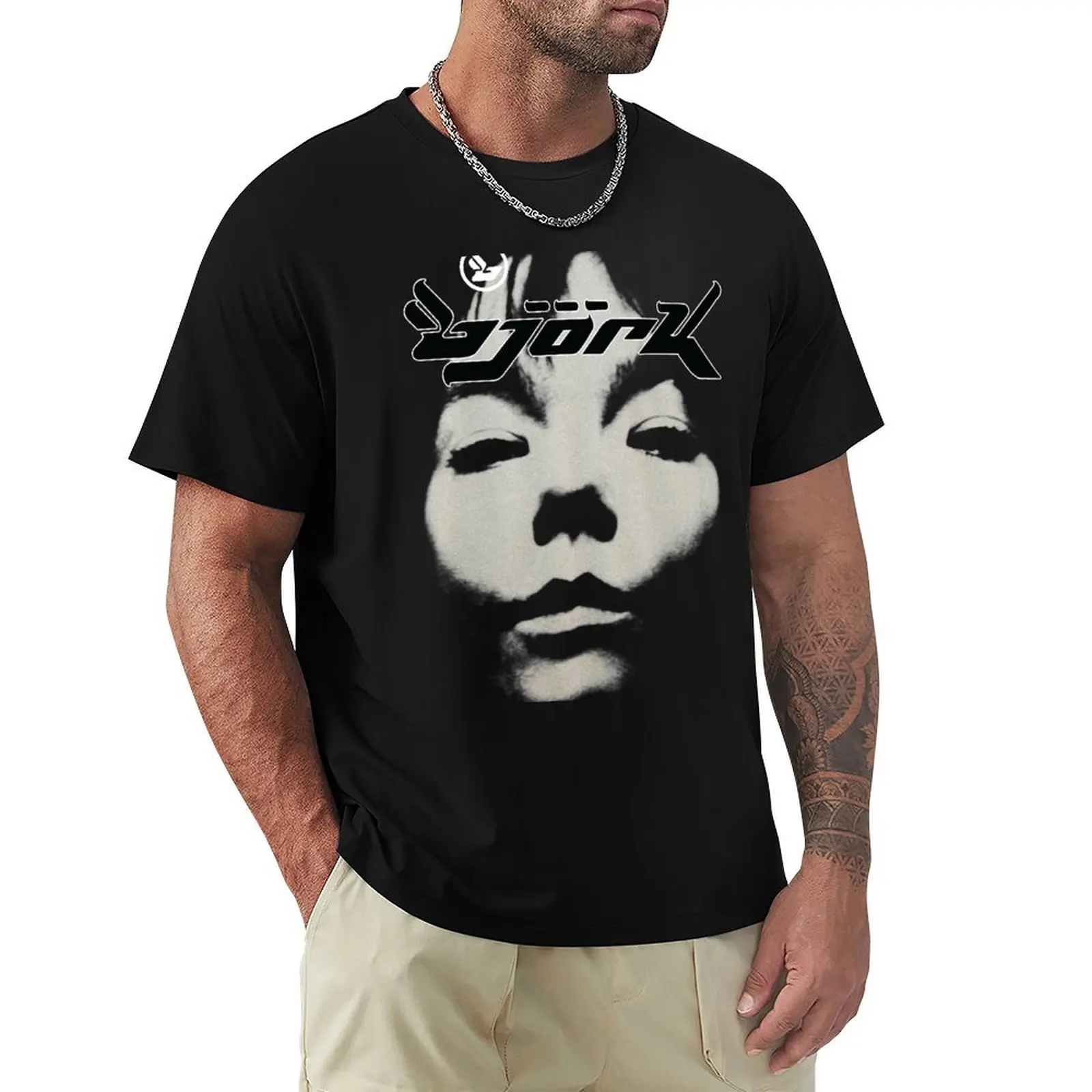 Bjork Homogenic Vintage Face Logo (Black / White) T-Shirt Basic Plain Tee for Spring and Summer