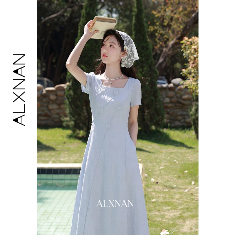 ALXNAN Women's Summer Dress 2026 French Gray Blue Slip Long A-line Dresses Party Holiday 3D Embossed Butterfly Dress L62626-2