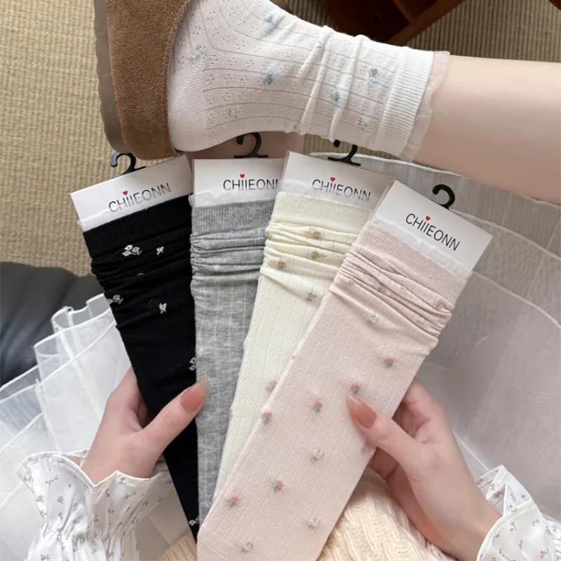 1 Pair INS Korean Spring Summer New Floral Print Lace Trim Mid Calf Socks Women Ins Style Breathable Thin Casual Versatile