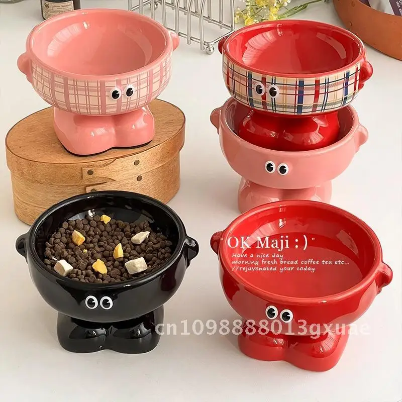 

Cute Large Caliber Ceramic Cat Bowl Anti-Knock with High Foot Large Capacity Pet Food Dish for Cats