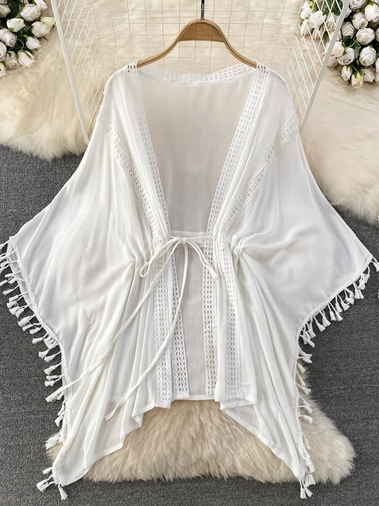 

Beach Vacation Fringed Open Cardigan Loose Chiffon Sunshade Cover up Air Conditioning Shawl Women Summer Outerwear