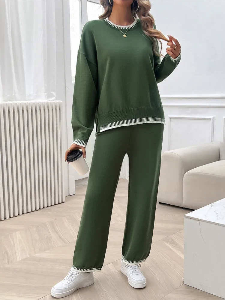 Patchwork Sweater And Straight Pant Set Knitting Top And Long Trouser Casual Teo Piece Set Autumn Winter Loose Homewear Suit