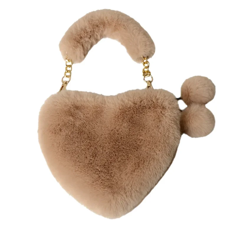 Bolso cruzado con forma de corazón, material de imitación de peluche de conejo, diseño portátil de moda, solución de almacenamiento de gran capacidad