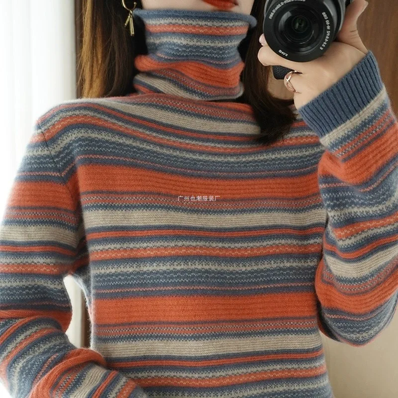 

Winter Women Sweater Turtleneck Long Sleeve Warm Pullovers Fashion Stripe Knitwear Korean Bottoming Shirt Basic Jumper