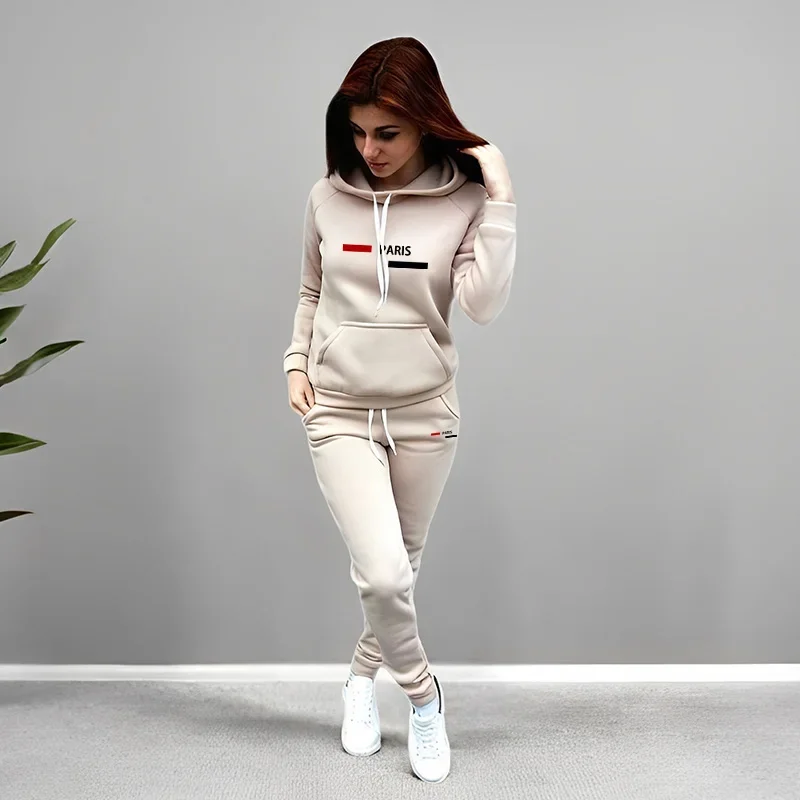 Herbst Winter Casual Outfit Paris Mode Hoodies Jogginghose 2-teiliges Set Damen Trainingsanzug Hochwertiger einfarbiger Jogginganzug