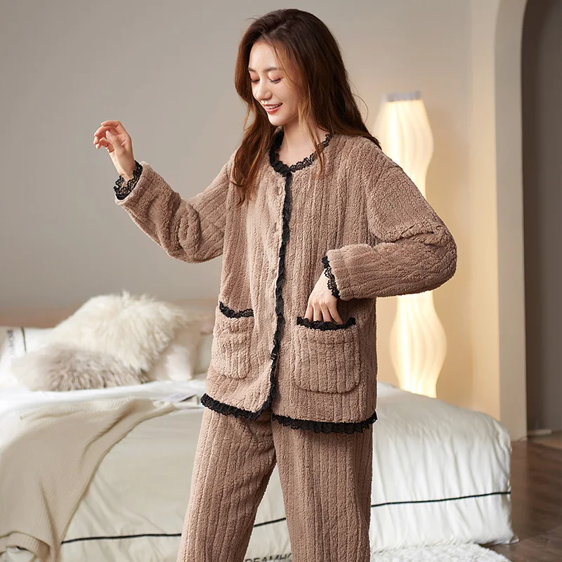 

Women Pajama Set Coral Fleece Lace Pajamas O-Neck Cardigan Homewear Autumn Winter Warm Pijamas Mujer Elegant Sleepwear Suit 3XL