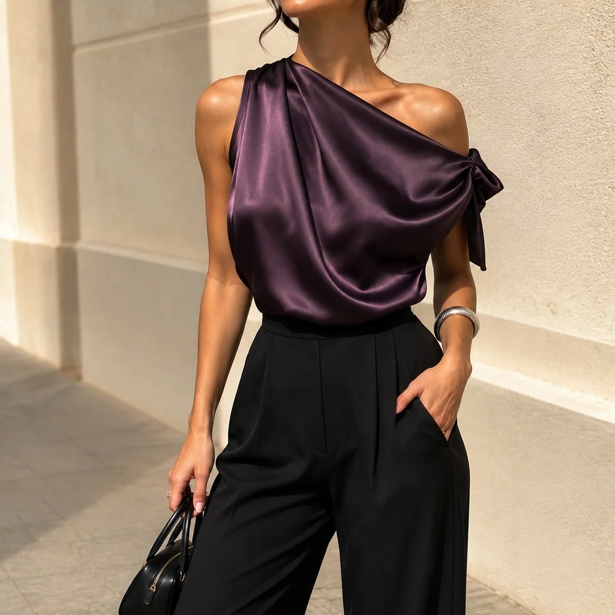 Asymmetric Off Shoulder Woven Top Regular Length Japanese and Korean Casual with Summer Slight Stretch T Shirts for Women