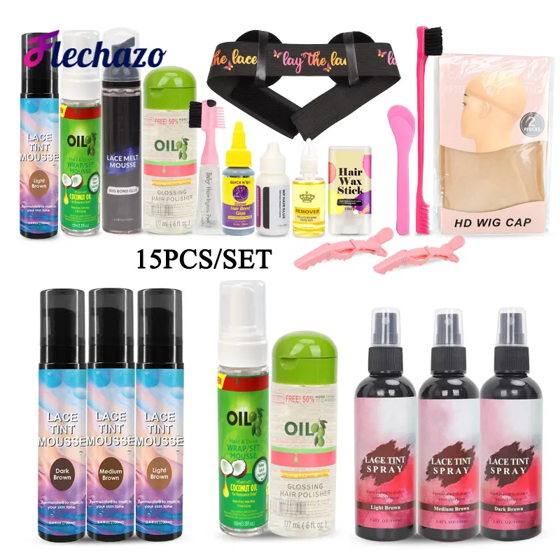 15Pcs Hair Wig Kit - Lace Tint Spray Hair Mousse Lace Melt Mousse Hair Polisher HD Wig Cap Lace Wig Glue Hair Wax Stick Wig Band