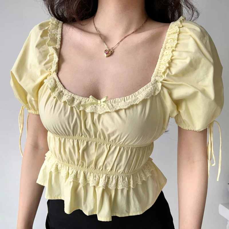 

Deeptown Elegant Sexy Butter Yellow Tops Women Coquette Sweet Crop Tops Korean Fashion Lace Summer Slim Up Short Sleeve Tees