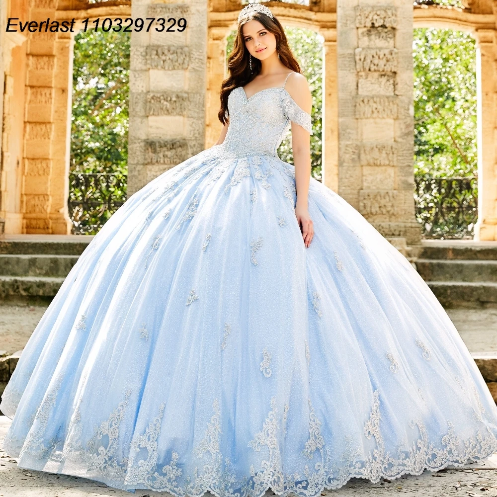 EVLAST Customized Blue Quinceanera Dress Ball Gown Lace Applique Beading Crystal Off Shoulder Sweet 16 Vestido De 15 Anos TQD353