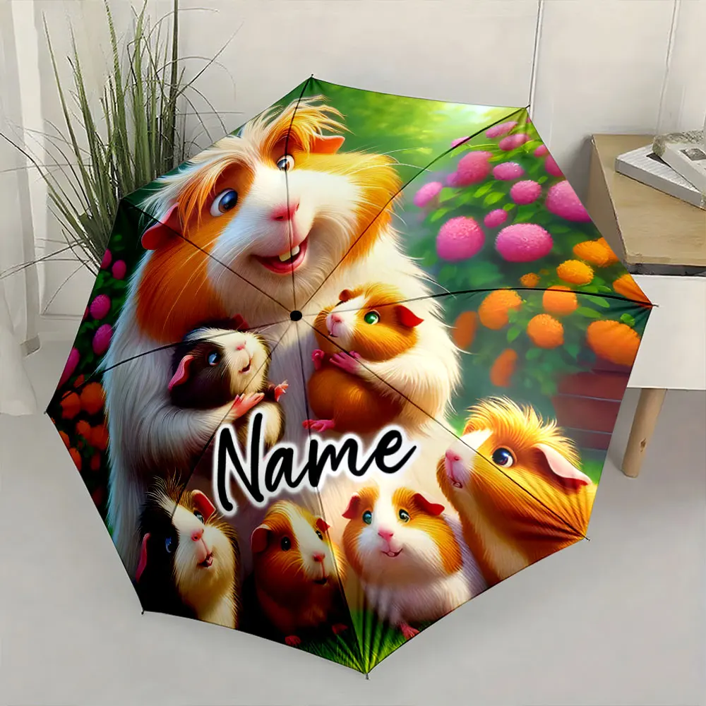 Custom Name  Colorful Guinea Pig Family Print Umbrella Print 8 Iron Ribs Folding Umbrella Auto-Open Fashion Sunshade