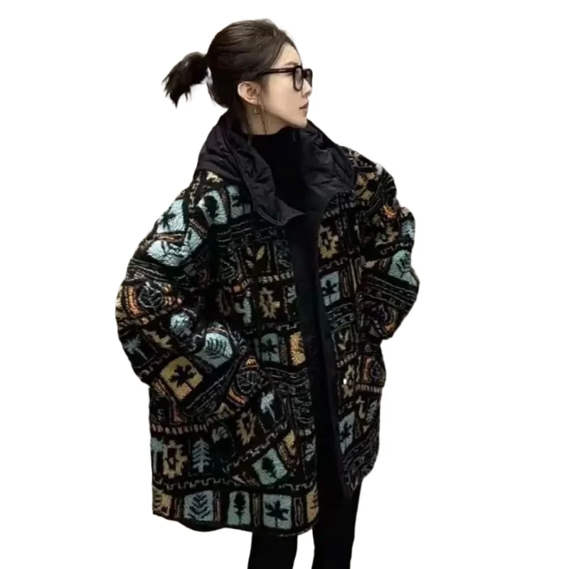 

American Retro Style Hooded Thickened Lamb Wool Cotton-padded Coat Women's Fall Winter New Medium and Long Cotton Coat Jackets