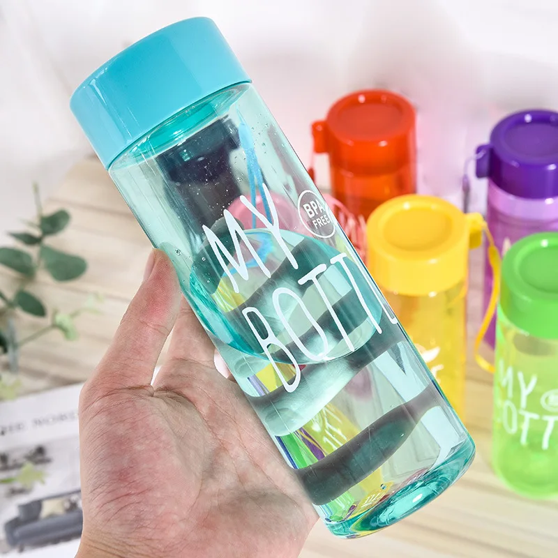 500ML Water Bottle Transparent Square Plastic Drink Cup Outdoor Cold Juice Milk Sport Bottle with Portable Rope Leakproof