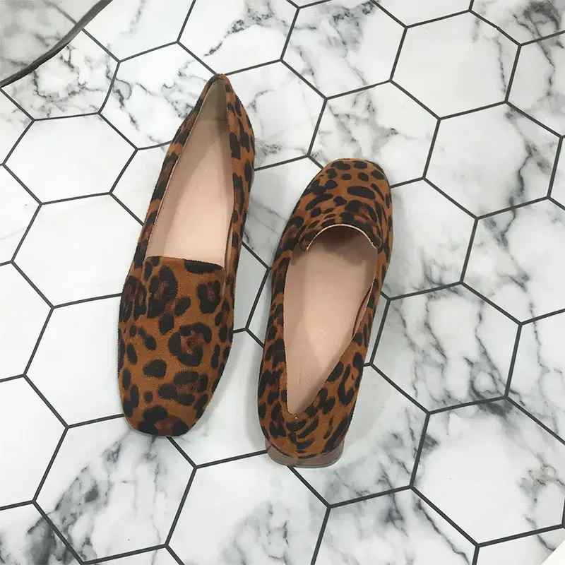 Lady Wood Heels 3cm Leopard Printy Brown White Pumps Low Cutter Flock Shoes 2022 New In Cork Square Toe Wide Fitting Slip-Ons 44