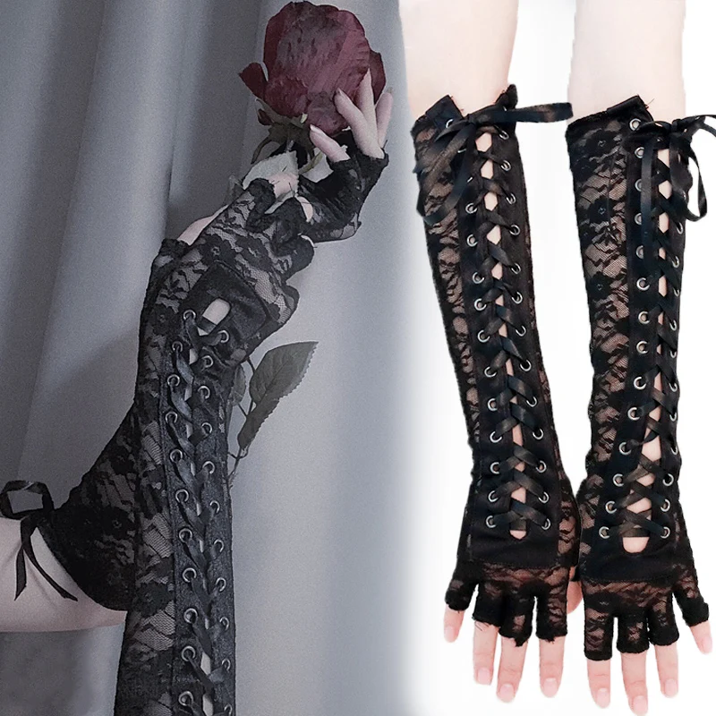 Sexy Lace Fingerless Gloves Gothic Black Arm Sleeve Retro Women\'s Long Gloves Fishnet Bandage Mesh Punk Lolita Cosplay Party