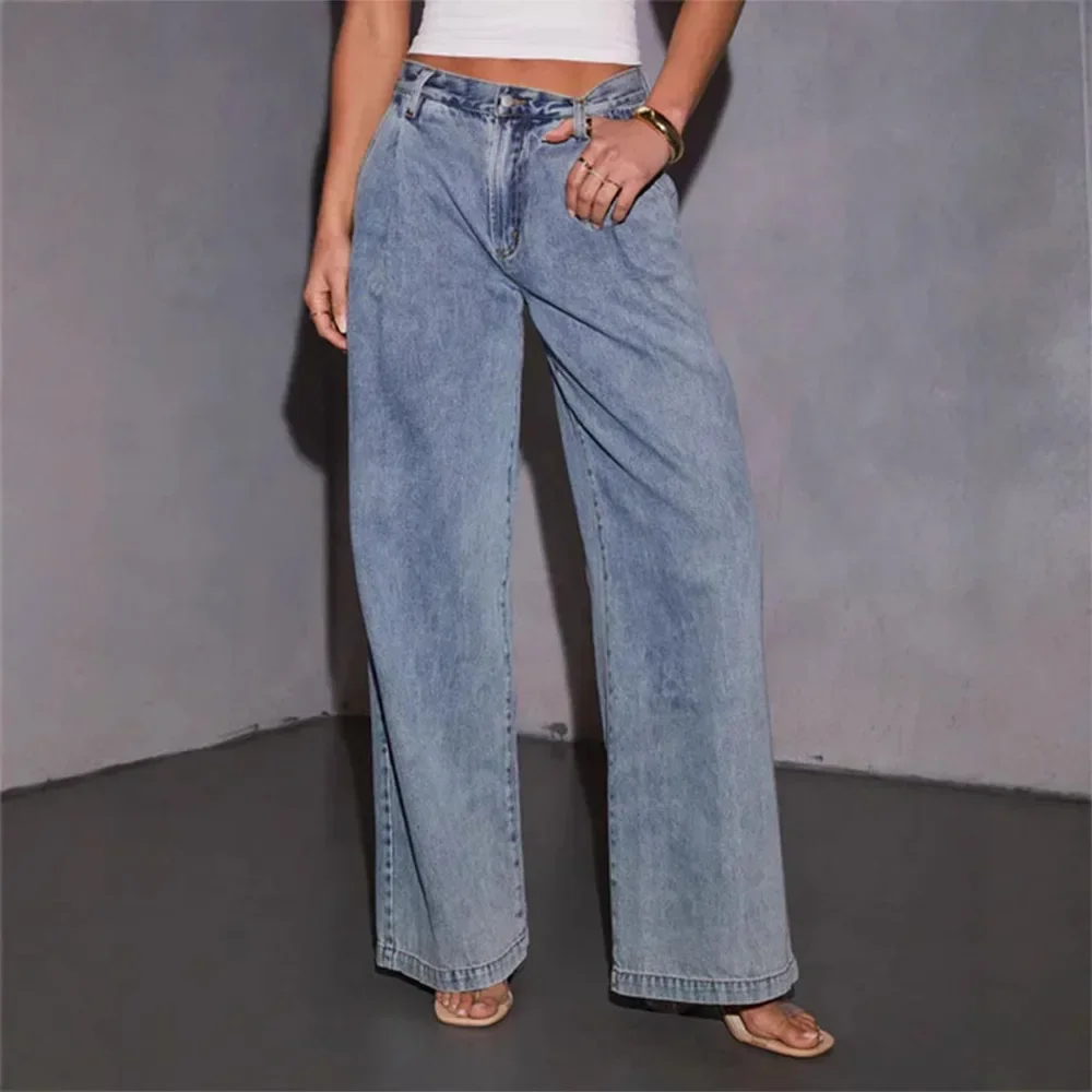 

Jeans Wide Leg Pants Women Floor Length Mid Waist Washed Distressed Pockets Button Straight Trousers 2025 Streetwear Denims