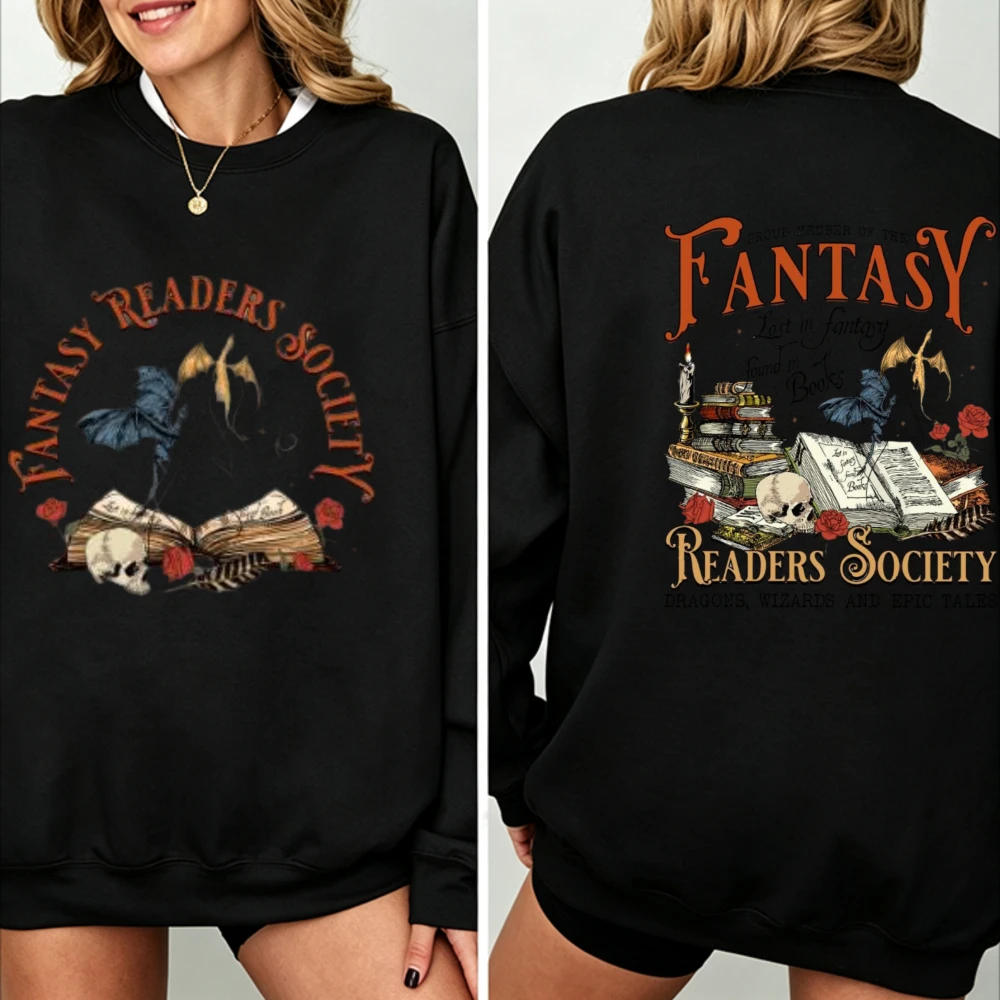Fantasy Readers Society Crewneck Sweatshirt Vintage Dark Book Stack Skull Dragon Top Gothic Fantasy Bibliophile Fall Apparel Top