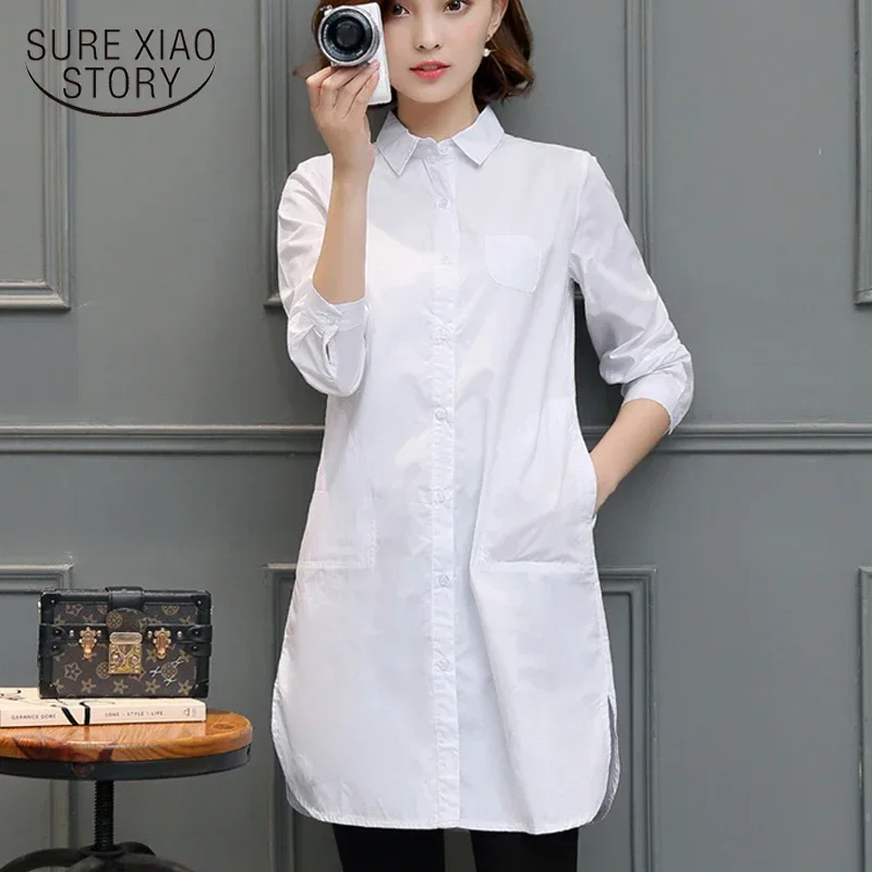 New Shirt Autumn 2024 Women Long White Cotton Shirts Pockets Shirt Women Casual Button Solid Blouses Feminine Tops 6460 50