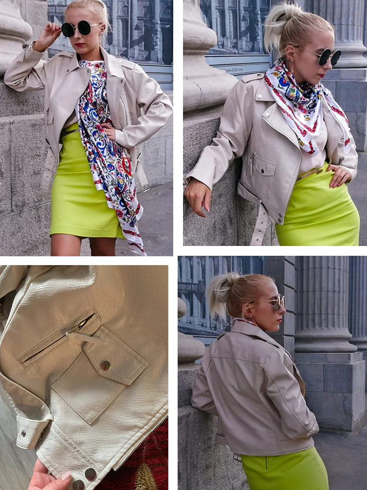 Ftlzz Wiosna Jesień Kobiety Kurtka ze sztucznej skóry Slim Streetwear Khaki Płaszcz skórzany Biker Moto Kurtka z paskiem Kobieca odzież wierzchnia