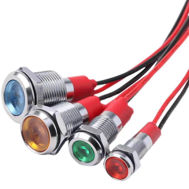 6mm 8mm 10mm 12mm LED indicatore luminoso in metallo lampada di segnalazione impermeabile con filo 3V 5V 6V 12V 24V 220v rosso giallo blu verde