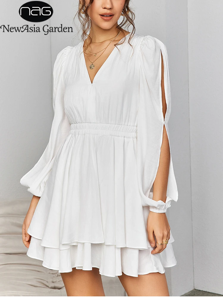 

NewAsia Women's Long Sleeve V-Neck Mini Dress Ruffles Back Zipper Ruched Holiday Casual Party Short Dresses White Autumn