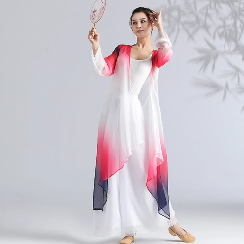 เสื้อคลุมชีฟองสำหรับเต้นรำแบบคลาสสิกสำหรับผู้หญิง เสื้อคลุมยาวทรงหลวมสำหรับนักเต้น ชุดฝึกซ้อมเต้นรำพื้นบ้านจีน ชุดไล่เฉดสี