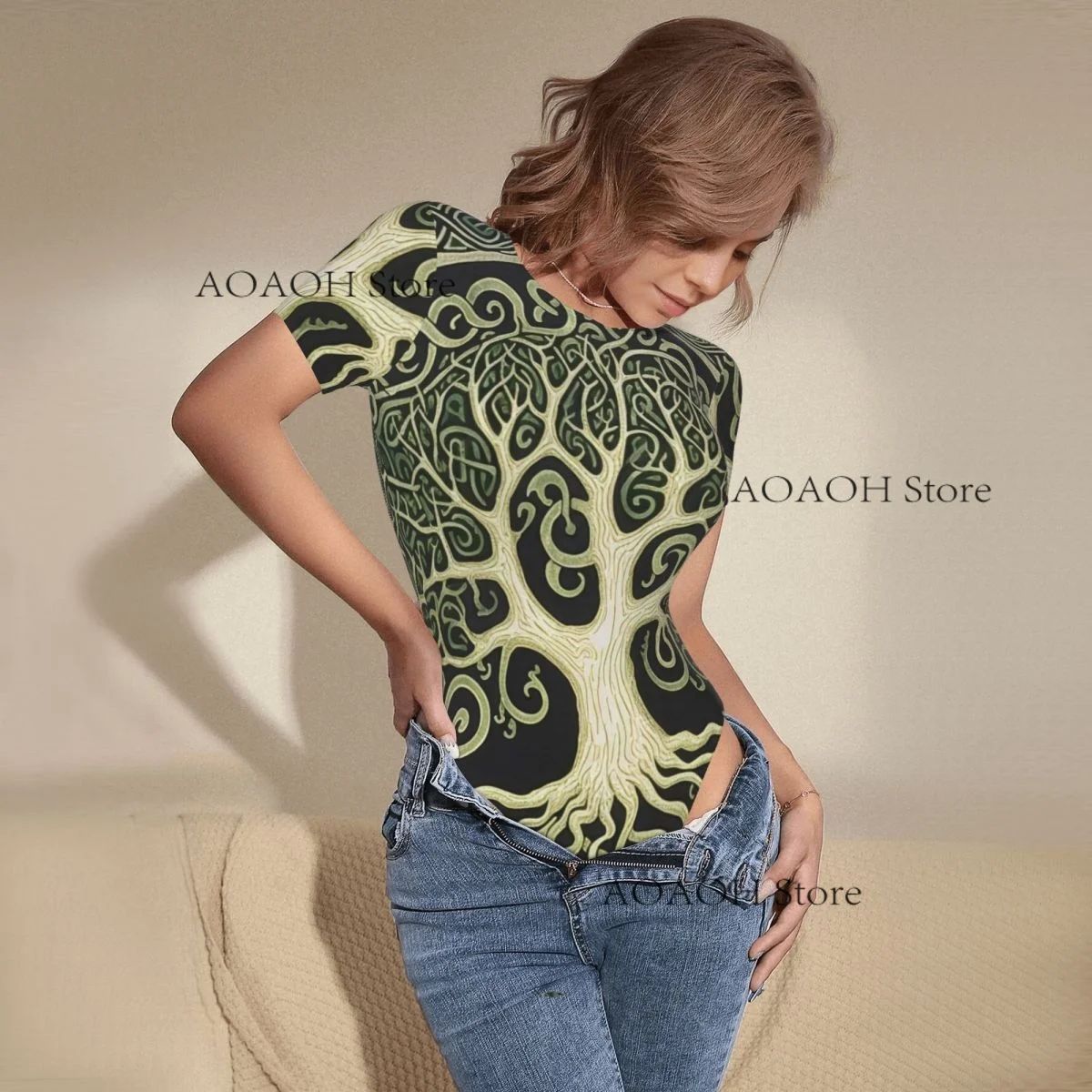 Yggdrasil Tree Of Life ผู้หญิง Casual Crewneck เลกกิ้ง Jumpsuit เซ็กซี่แขนสั้น