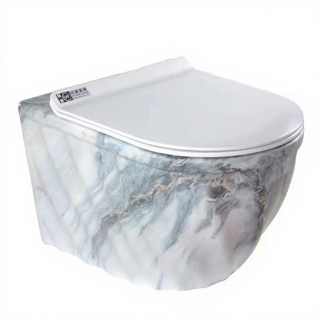 Modern Blue Marble White Design Ceramic Elongated Dual-Flush P-Trap One Piece Wall Hung Toilet Complete Set