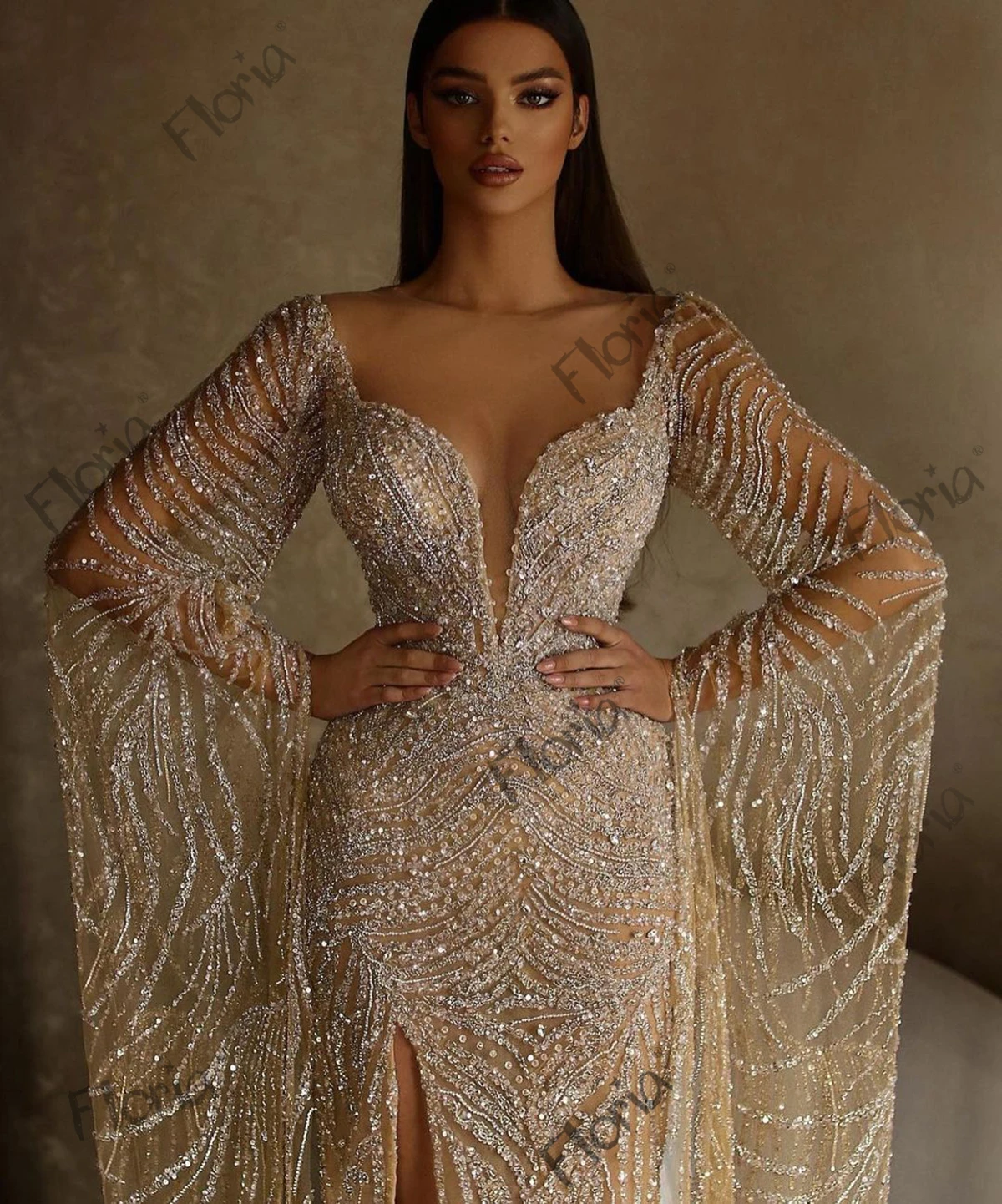 

Beading Long Cape Sleeve Champagne Evening Dress Elegant Formal Host Dress Arabic Women Wedding Guest Party Dress Custom Made