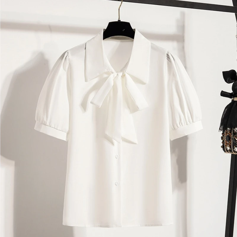 2025 ผู้หญิงแขนสั้นหลวมพลัสขนาดเสื้อElegantแขนสั้นเดี่ยวBreastedเสื้อBow Lace-Upเสื้ออเนกประสงค์