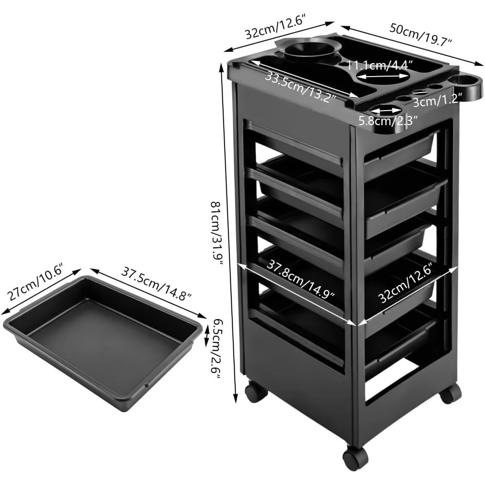 عربة صالون مكونة من 5 طبقات، عربة محطة تصفيف سبا التجميل مقاس 31.9 بوصة مع عجلات وعاء صبغ، عربة صالون دوارة لتصفيف الشعر