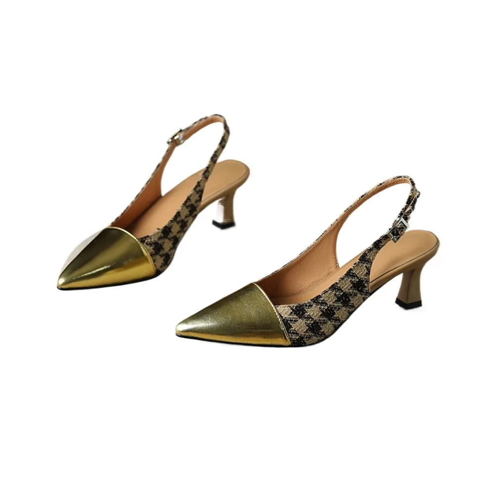 

Женские туфли-лодочки с ремешком на пятке, на каблуке-рюмочке, с острым носком, с металлическим декором, из клетчатой ткани, размеры 31-47, элегантные туфли для офиса и вечеринок