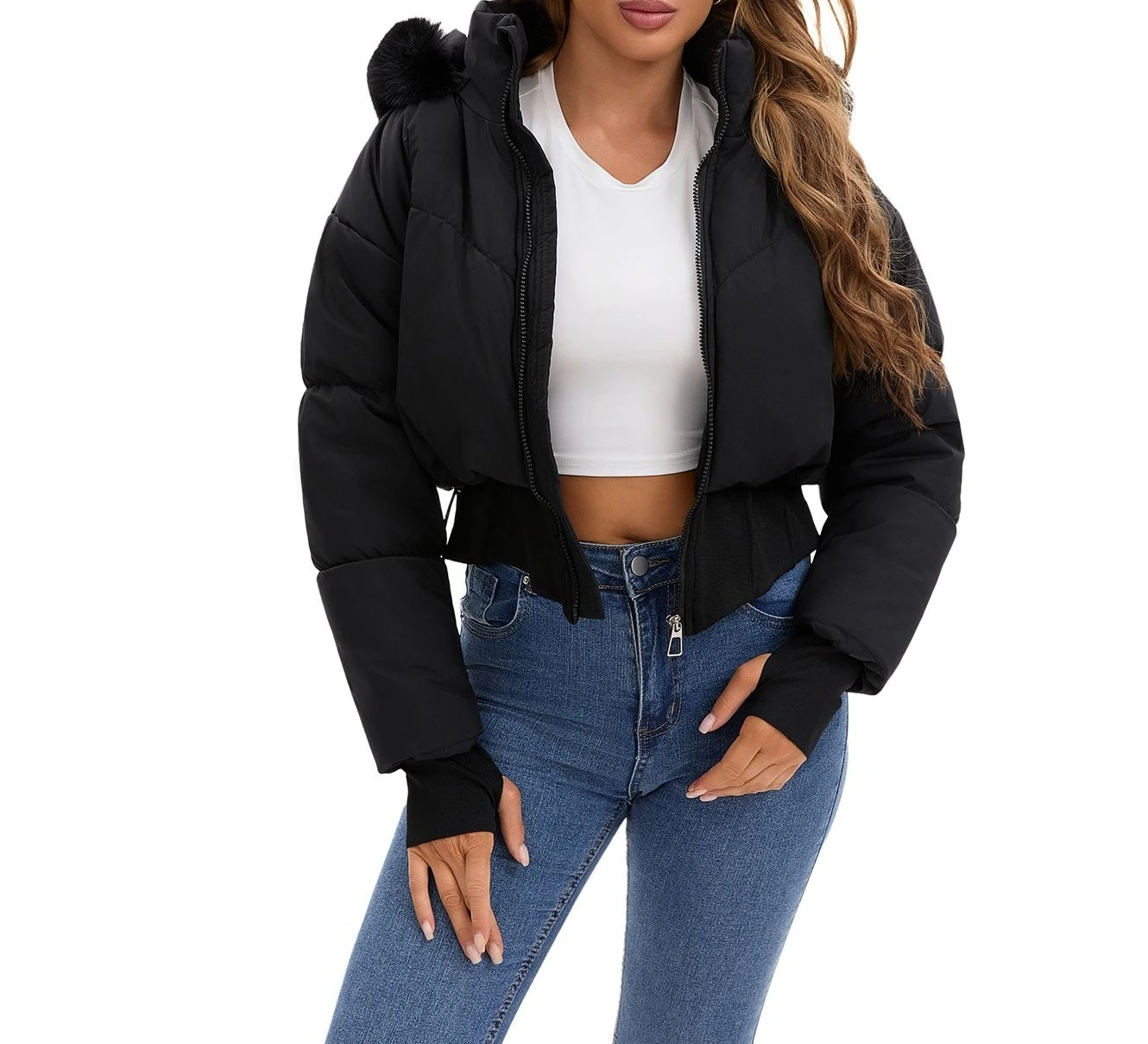 معطف فرو طويل بنمط جديد لخريف وشتاء 2025، تنحيف الخصر، معطف قطني بأكمام قصيرة وغطاء للرأس #2