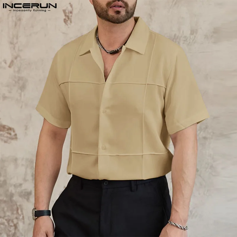 

INCERUN Tops 2024 Korean Style Handsome Men Summer Solid Simple Design Shirt Casual Well Fitting Male Short Sleeved Blouse S-5XL